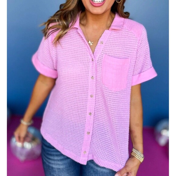 NWT Umgee Shirt Women L Pink Sheer Waffle Knit Boxy Camp Lagenlook Boho Gypsy - Picture 1 of 7
